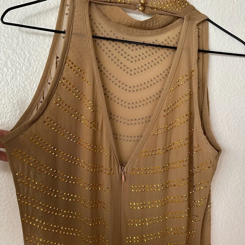 Golden Sheer Gown With Rhinestones Maxi Sleeveless Special Occasions BNWOT